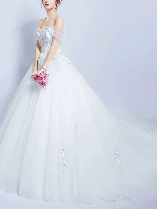 Glamorous Ball Gown Off-the-shoulder Tulle with Beading Court Train Backless Wedding Dresses #UKM00022888