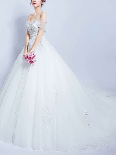 Ball Gown Off-the-shoulder Tulle Court Train Wedding Dresses With Beading #UKM00022888