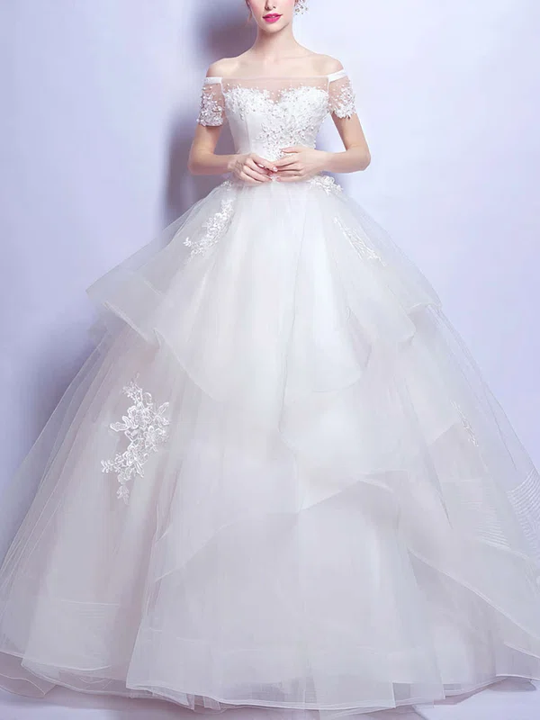 Sweet Ball Gown Off-the-shoulder Organza Tulle Pearl Detailing Floor-length Short Sleeve Wedding Dresses #UKM00022889