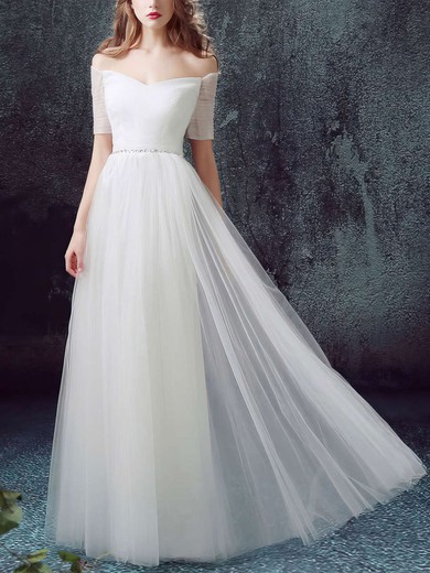 A-line Off-the-shoulder Tulle Floor-length Wedding Dresses With Beading #UKM00022890