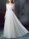 Famous A-line Off-the-shoulder Tulle with Ruffles Floor-length Short Sleeve Wedding Dresses #UKM00022890
