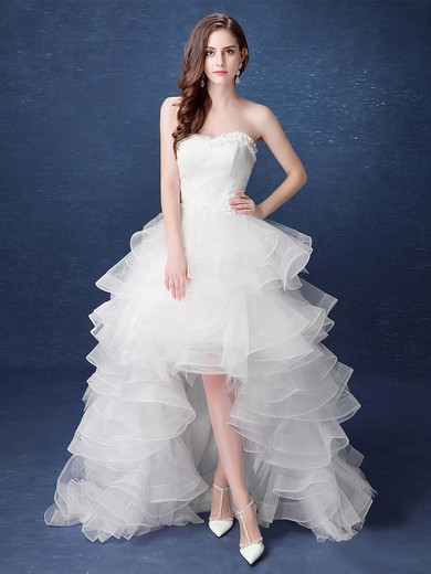 A-line Sweetheart Organza Asymmetrical Wedding Dresses With Tiered #UKM00022892