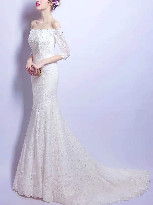 Trumpet/Mermaid Off-the-shoulder Lace Sweep Train Wedding Dresses With Beading #UKM00022893