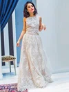 A-line Scoop Neck Tulle Floor-length Appliques Lace Prom Dresses #UKM020103661