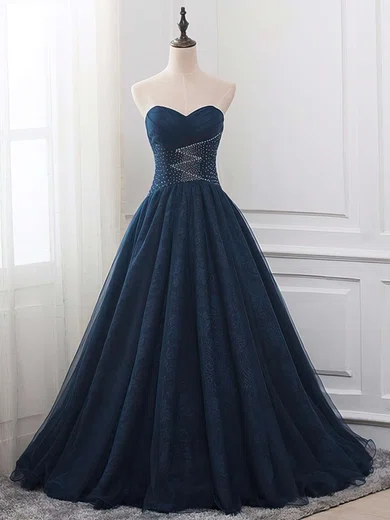 Ball Gown Strapless Lace Tulle Prom Dresses With Beading #UKM020103663