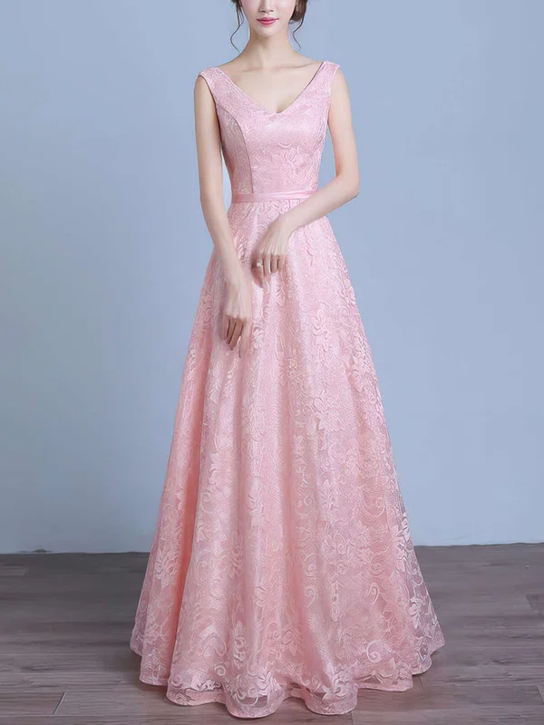A-line V-neck Lace Floor-length Sashes / Ribbons Prom Dresses #UKM020103667