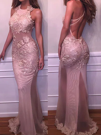 Mermaid Scoop Neck Tulle Prom Dresses With Appliques #UKM020103669