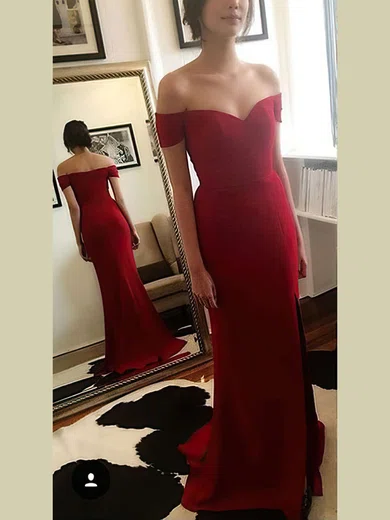Trumpet/Mermaid Off-the-shoulder Stretch Crepe Sweep Train Split Front Prom Dresses #UKM020103671
