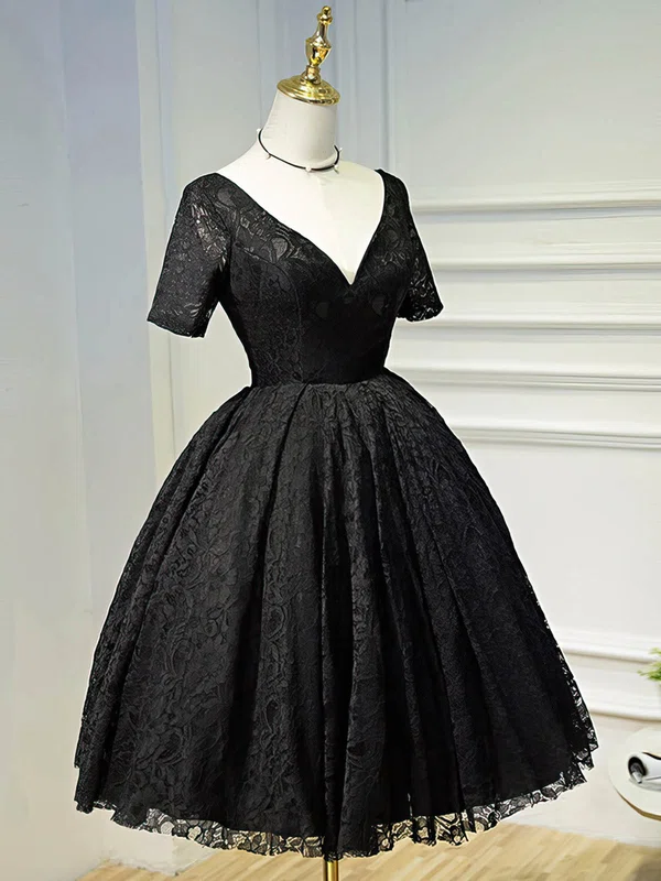 A-line V-neck Lace Short/Mini Ruffles Black Short Sleeve Backless Vintage Short Prom Dresses #UKM020103687