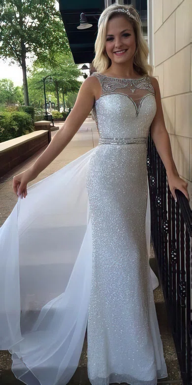 Amazing Sheath/Column Scoop Neck Chiffon Tulle with Beading Sweep Train Ivory Prom Dresses #UKM020103697