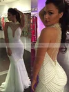 Trumpet/Mermaid High Neck Tulle Sweep Train Pearl Detailing Prom Dresses #UKM020103704