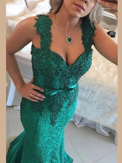 Trumpet/Mermaid V-neck Lace Floor-length Appliques Lace Prom Dresses #UKM020103713