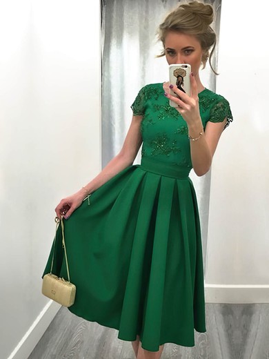 A-line Scoop Neck Satin Knee-length Appliques Lace Prom Dresses #UKM020103716