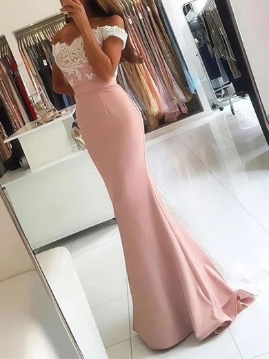 Mermaid Off-the-shoulder Stretch Crepe Modest Prom Dresses With Appliques #UKM020103721