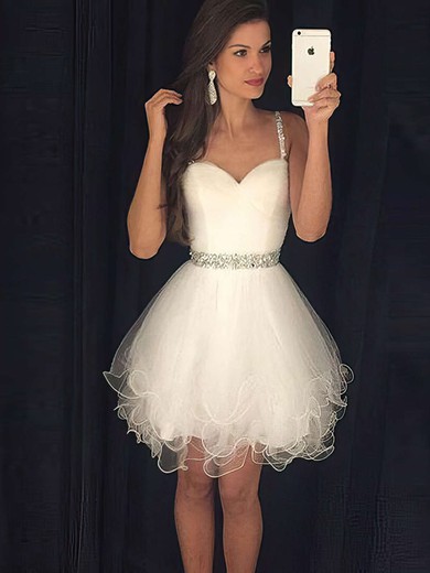A-line Sweetheart Tulle Short/Mini Beading Short Prom Dresses #UKM020103722
