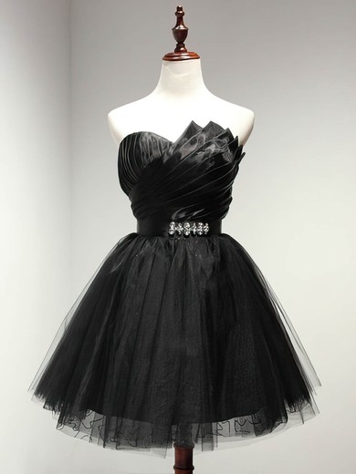 A-line Sweetheart Tulle Short/Mini Sashes / Ribbons Black Girls Short Prom Dresses #UKM020103728
