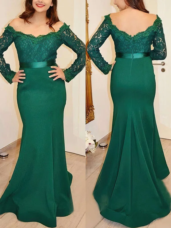 Trumpet/Mermaid Off-the-shoulder Lace Silk-like Satin Sweep Train Sashes / Ribbons Prom Dresses #UKM020103731