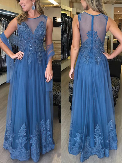 A-line Scoop Neck Tulle Floor-length Beading Prom Dresses #UKM020103741