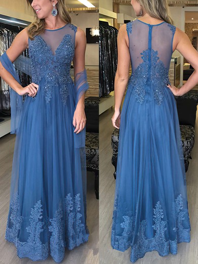 A-line Scoop Neck Tulle Floor-length Beading Prom Dresses #UKM020103741