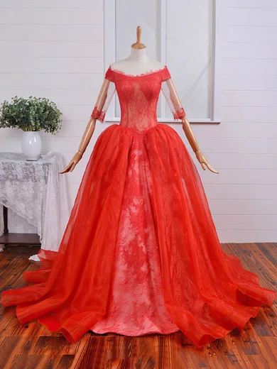 Ball Gown Off-the-shoulder Lace Tulle Prom Dresses With Appliques #UKM020103748
