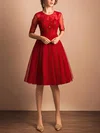Online A-line Scoop Neck Tulle Knee-length Sashes / Ribbons Red 1/2 Sleeve Short Prom Dresses #UKM020103757
