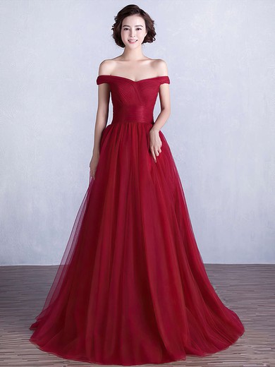 Princess Off-the-shoulder Tulle Floor-length Ruffles Prom Dresses #UKM020103763