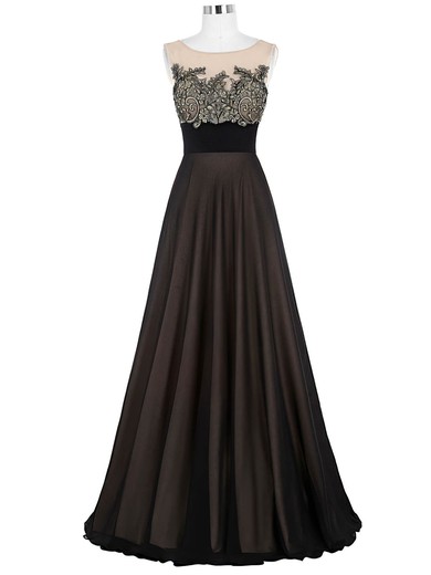 A-line Scoop Neck Satin Floor-length Appliques Lace Prom Dresses #UKM020103764
