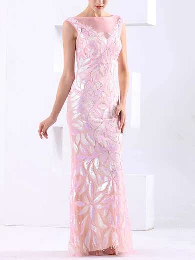 Sheath/Column Scoop Neck Tulle Floor-length with Sequins Prom Dresses #UKM020103790