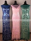 Sheath/Column Scoop Neck Tulle Floor-length with Sequins Prom Dresses #UKM020103790