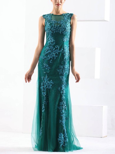 Sheath/Column Scoop Neck Tulle Sweep Train with Beading Prom Dresses #UKM020103791