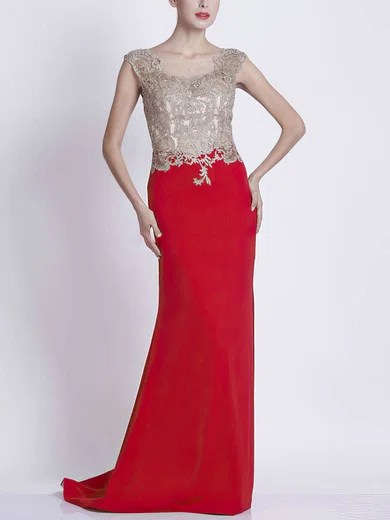Sheath/Column Scoop Neck Tulle Chiffon Sweep Train with Appliques Lace Prom Dresses #UKM020103799