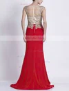 Sheath/Column Scoop Neck Tulle Chiffon Sweep Train with Appliques Lace Prom Dresses #UKM020103799