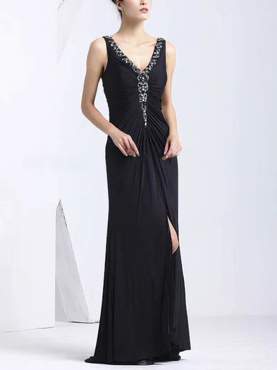 Sheath/Column V-neck Chiffon Sweep Train with Split Front Prom Dresses #UKM020103822