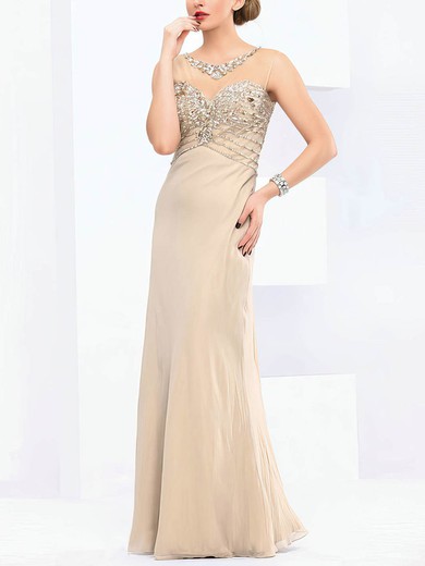 Sheath/Column Scoop Neck Tulle Chiffon Floor-length with Crystal Detailing Prom Dresses #UKM020103825