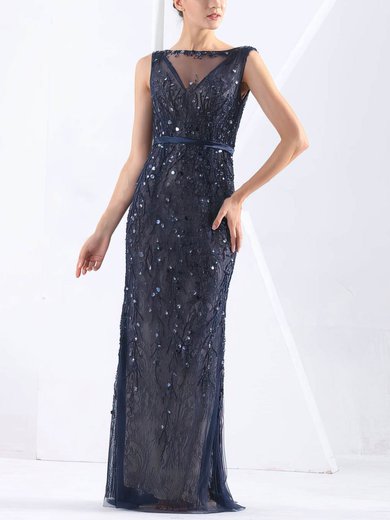 Sheath/Column Scoop Neck Tulle Lace Sweep Train with Sashes / Ribbons Prom Dresses #UKM020103826