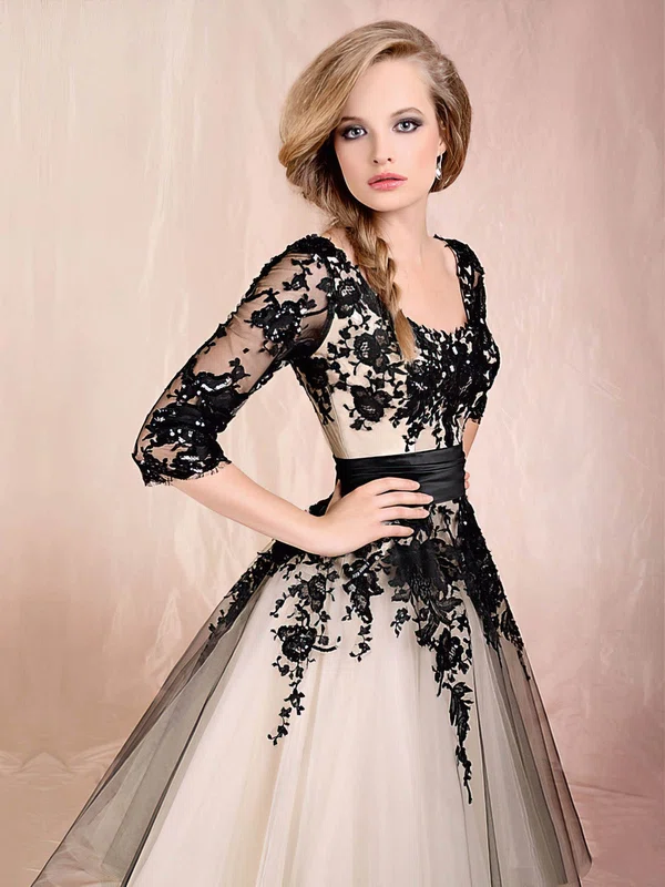 Ball Gown Scoop Neck Satin Tulle Appliques Lace 1/2 Sleeve Prom Dress #UKM02071720