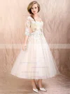 Ball Gown Scoop Neck Satin Tulle Appliques Lace 1/2 Sleeve Prom Dress #UKM02071720