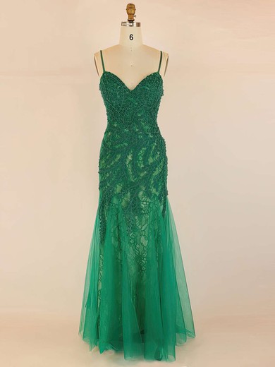 Trumpet/Mermaid V-neck Lace Tulle Floor-length Beading Prom Dresses #UKM020104036