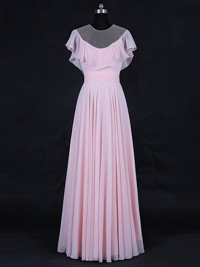 Tulle Chiffon Scoop Neck A-line Floor-length with Ruffles Bridesmaid Dresses #UKM01013125