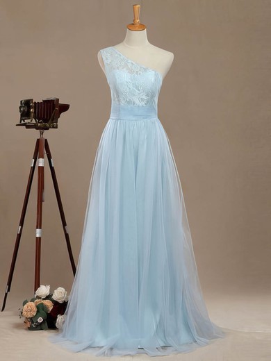 Tulle One Shoulder A-line Floor-length with Lace Bridesmaid Dresses #UKM01013390