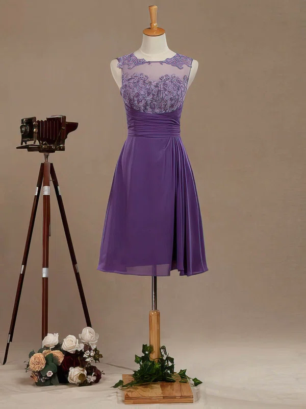 Tulle Chiffon Scoop Neck A-line Short/Mini with Appliques Lace Bridesmaid Dresses #UKM01013391