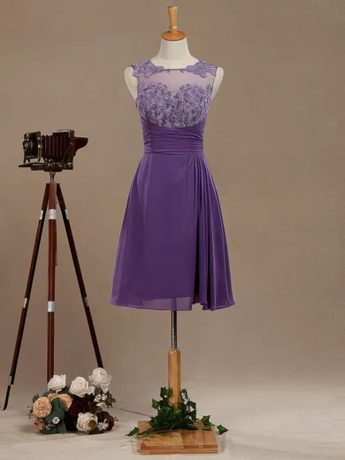 Tulle Chiffon Scoop Neck A-line Short/Mini with Appliques Lace Bridesmaid Dresses #UKM01013391
