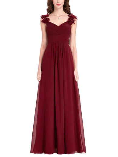 Chiffon V-neck A-line Floor-length with Flower(s) Bridesmaid Dresses #UKM01013393