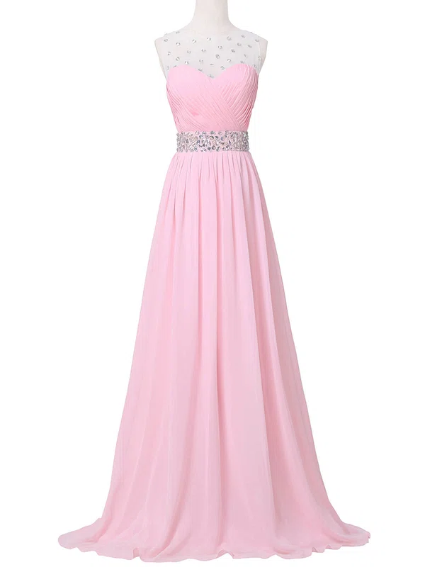 Tulle Chiffon Scoop Neck A-line Sweep Train with Crystal Detailing Bridesmaid Dresses #UKM01013394