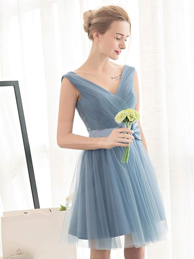 Tulle V-neck A-line Short/Mini with Sashes / Ribbons Bridesmaid Dresses #UKM01013399