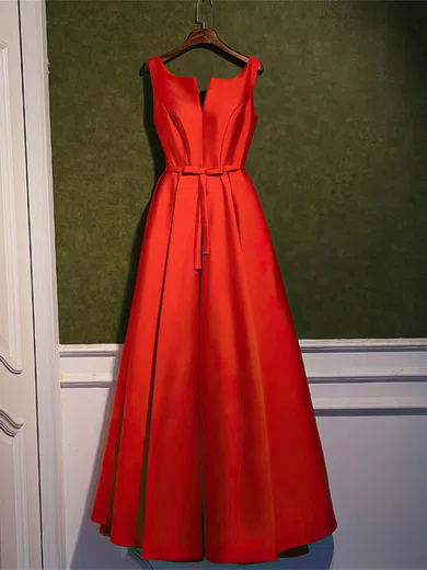 Satin Scoop Neck A-line Ankle-length with Sashes / Ribbons Bridesmaid Dresses #UKM01013400