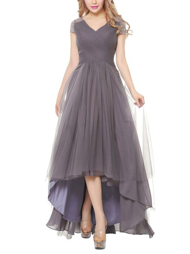 Tulle V-neck A-line Asymmetrical with Beading Bridesmaid Dresses #UKM01013401