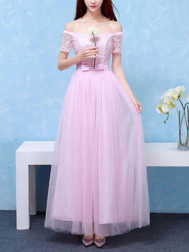 Lace Tulle Off-the-shoulder A-line Ankle-length with Sashes / Ribbons Bridesmaid Dresses #UKM01013406