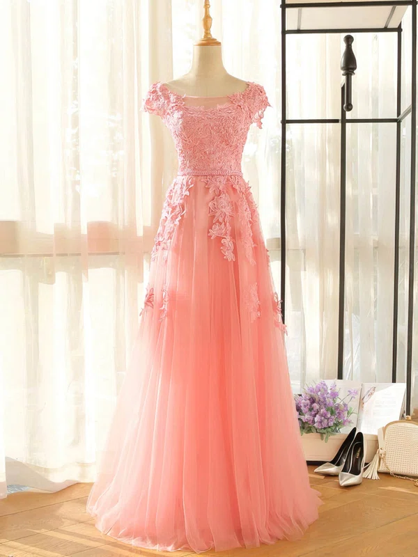 Tulle Scoop Neck A-line Floor-length with Appliques Lace Bridesmaid Dresses #UKM01013407