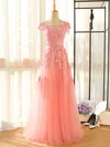 Tulle Scoop Neck A-line Floor-length with Appliques Lace Bridesmaid Dresses #UKM01013407